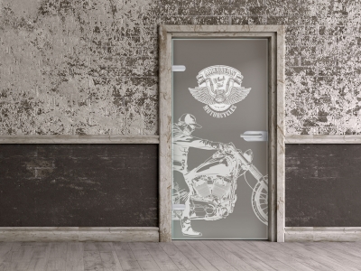 Glastüre WHEELS OF FIRE, Glas satiniert