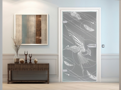 Glastüre FEDERVOGEL, Glas satiniert grau