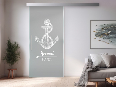 Glastüre HEIMATHAFEN, Glas satiniert